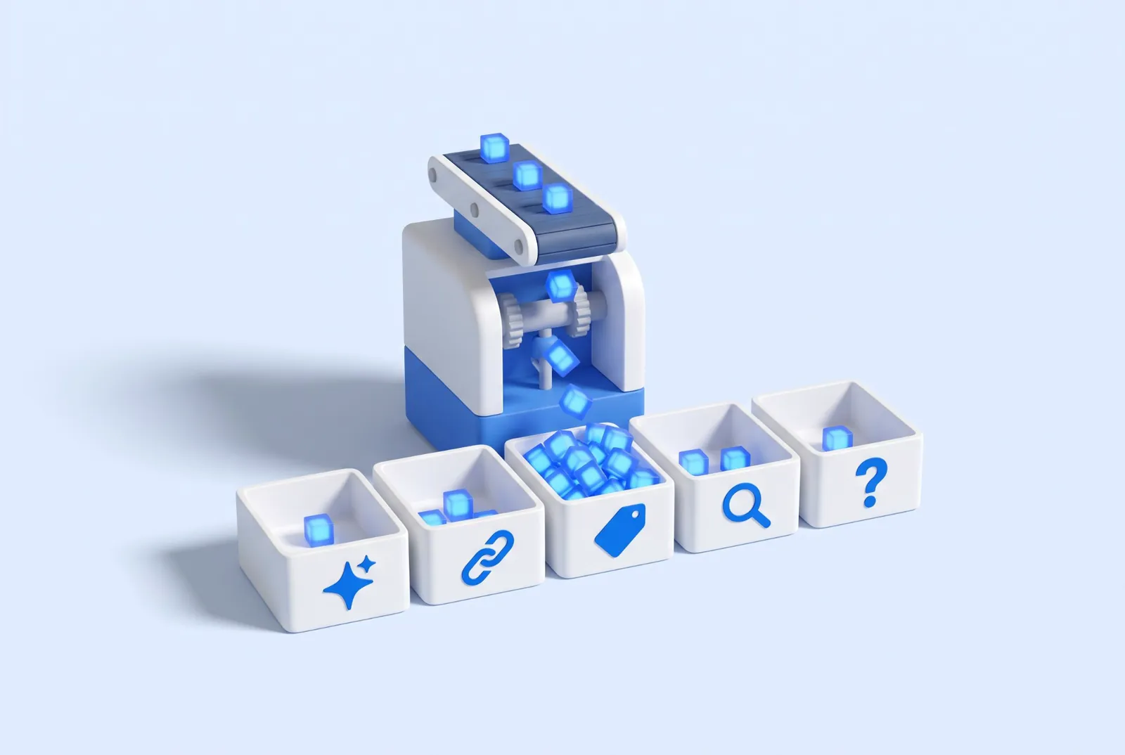 A sorting machine dropping website visits into five trays marked with icons for AI Assistant, Referral, Direct, Organic Search and Unassigned. The Direct tray is the fullest.