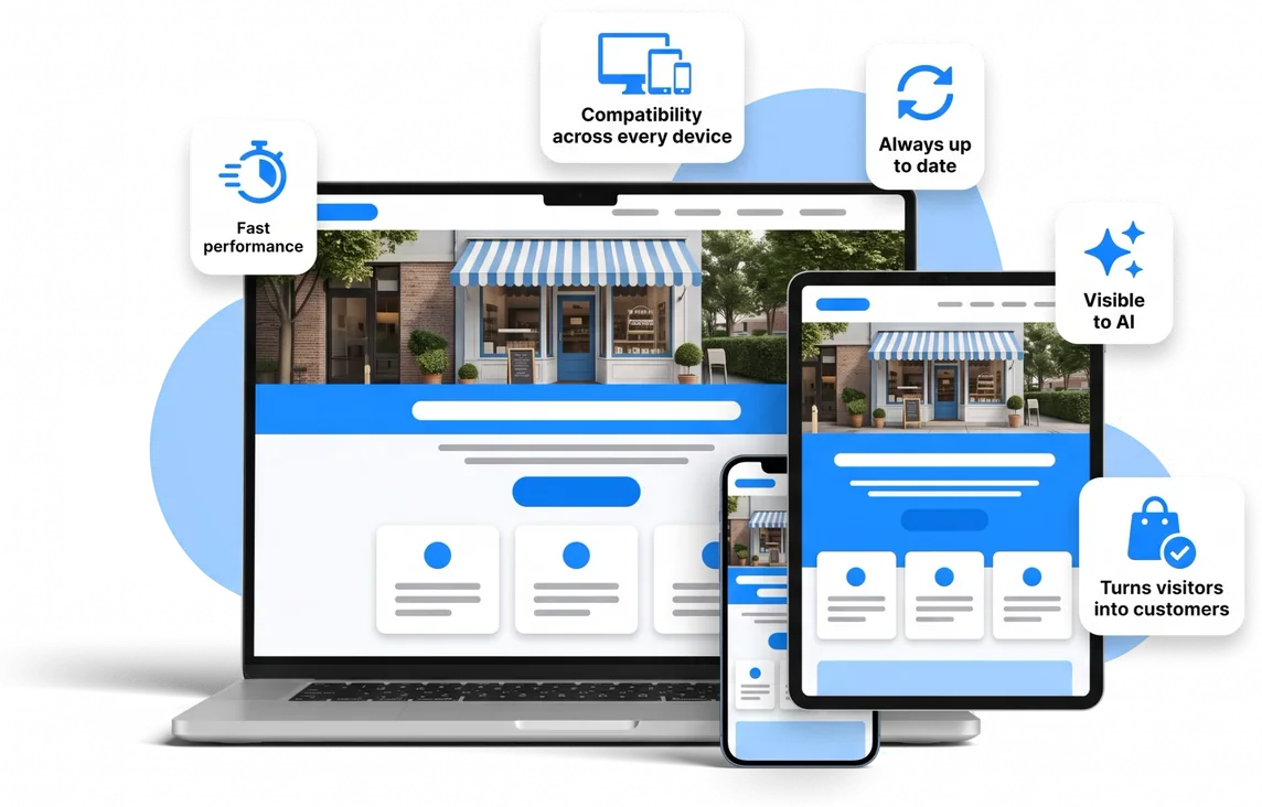 The same small business website on a laptop, a tablet and a phone, with badges reading Fast performance, Compatibility across every device, Always up to date, Visible to AI, and Turns visitors into customers.