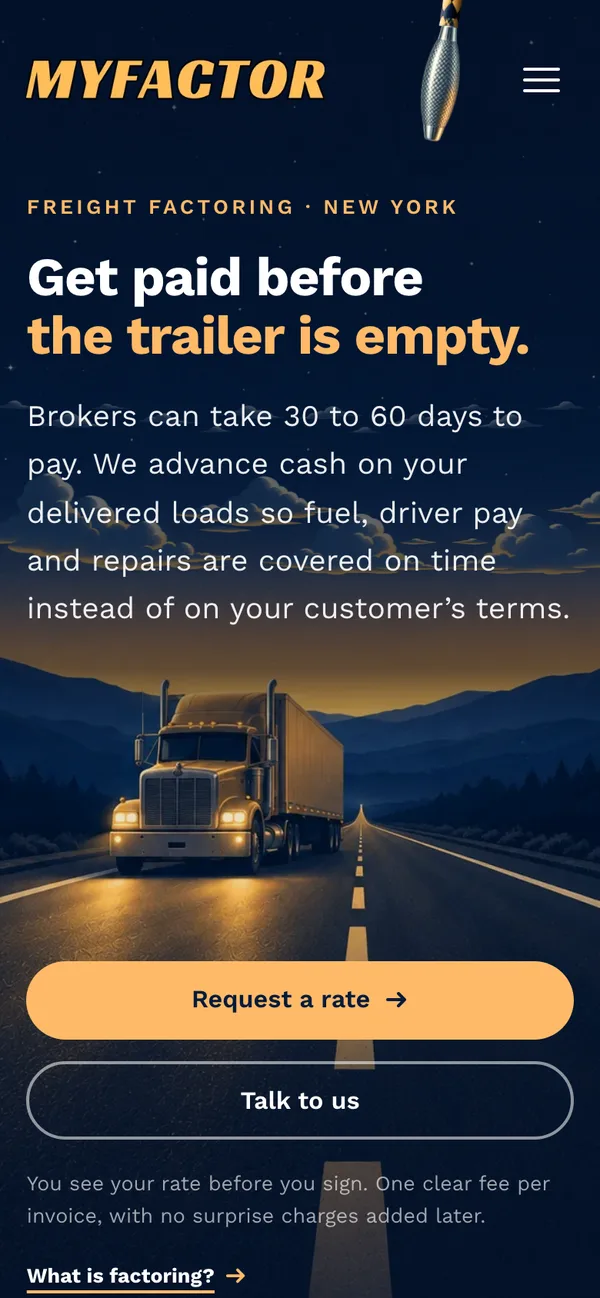 The same MyFactor page on a phone, with the headline, the truck and the Request a rate button stacked.