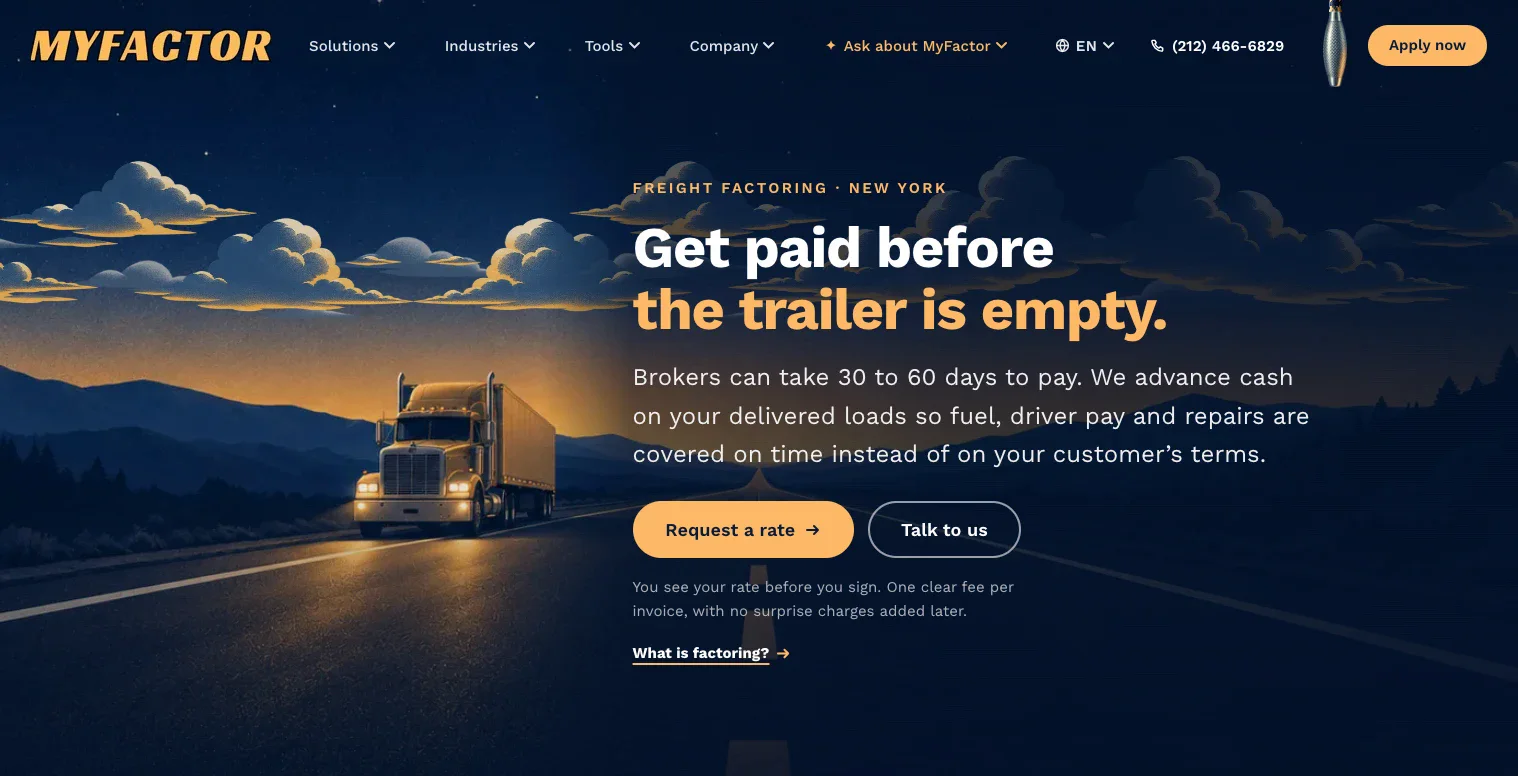 The MyFactor homepage: a truck on a highway at night under the headline Get paid before the trailer is empty.