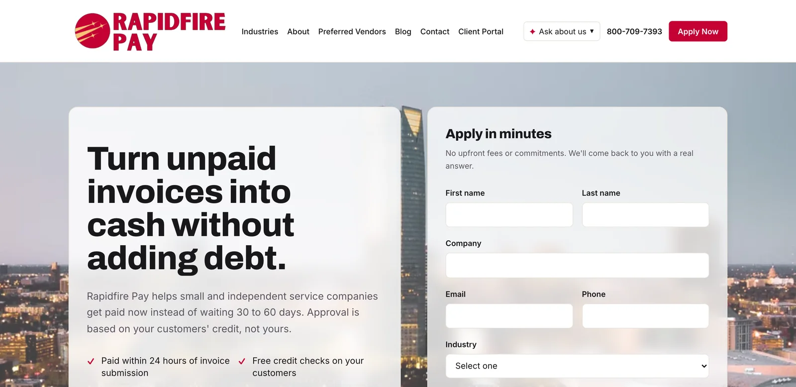 The Rapidfire Pay homepage: the headline Turn unpaid invoices into cash without adding debt, beside an application form.