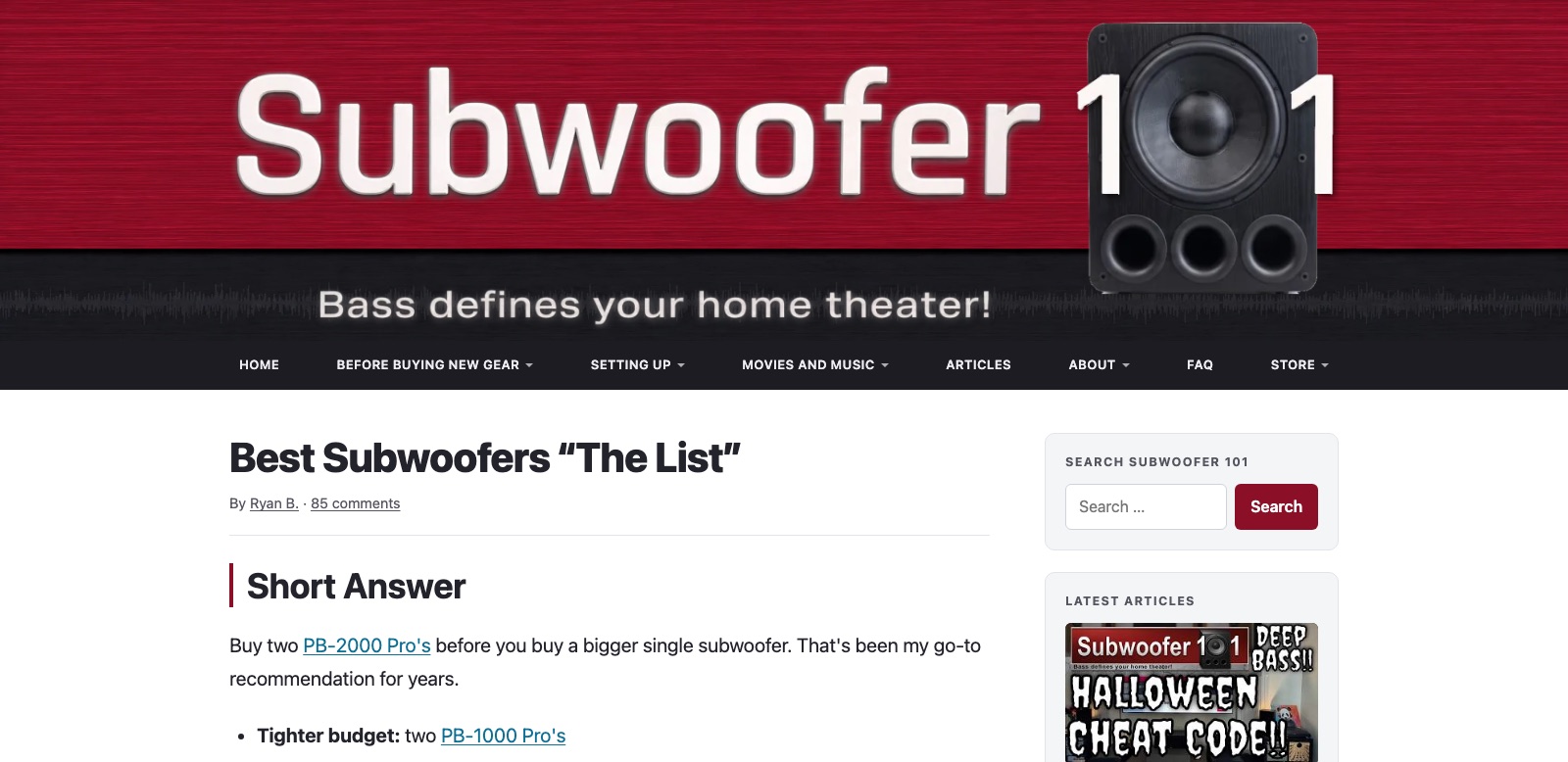 The Subwoofer 101 homepage: the red Subwoofer 101 banner over the article Best Subwoofers, The List.