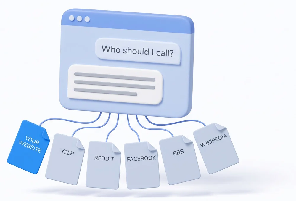 A chat window asking Who should I call, with its answer drawn from six source cards: Your Website, Yelp, Reddit, Facebook, BBB and Wikipedia.