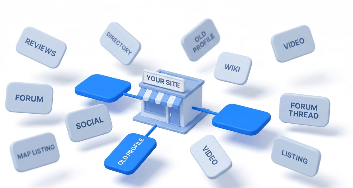 A storefront labelled Your Site, connected to a few nearby cards, surrounded by a dozen unconnected cards labelled Reviews, Directory, Forum, Social, Map Listing, Old Profile, Wiki and Video.
